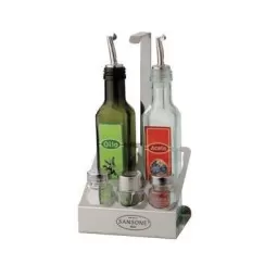 Sansone nerūdijančio plieno laikiklis su dviem stikliniais buteliais, druskos, pipirų ir dantų krapštukų indeliais