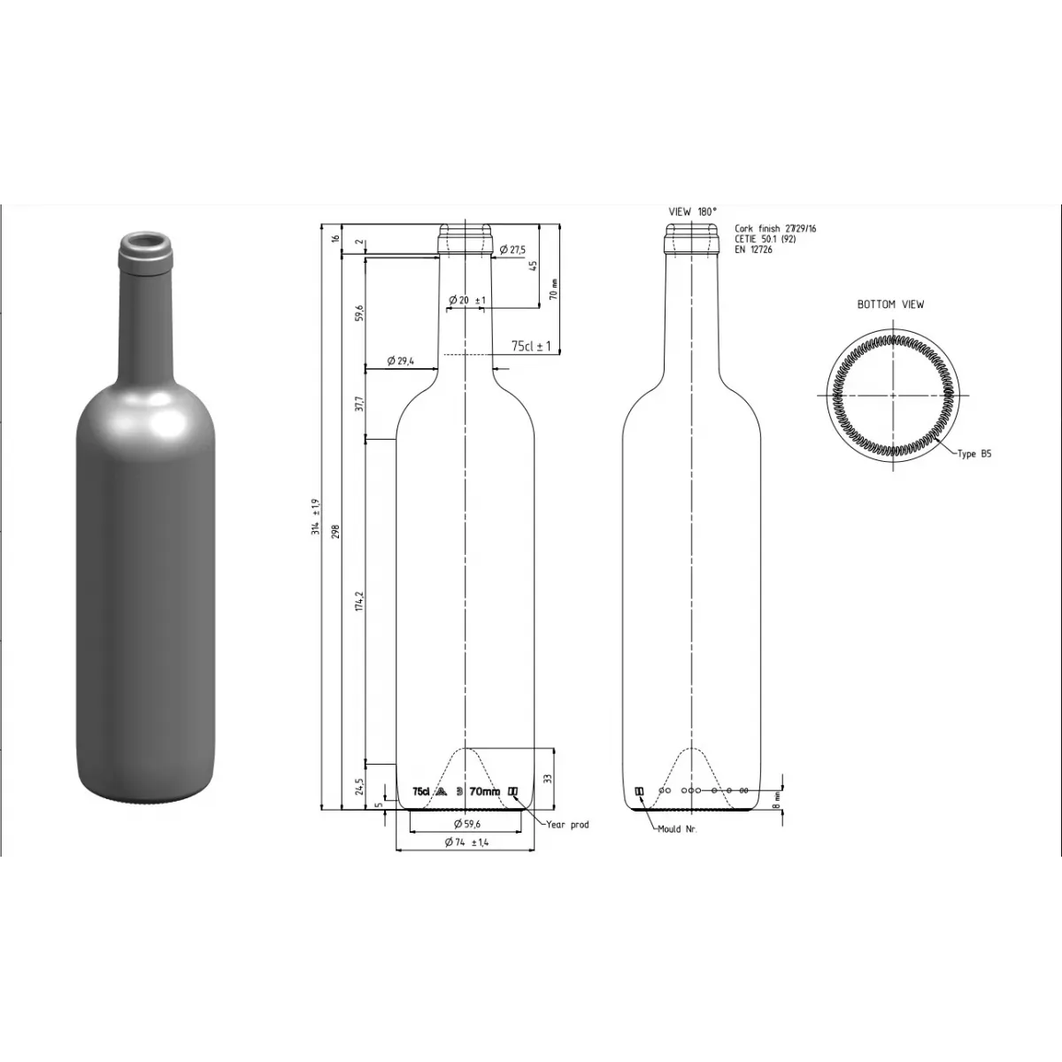 Stiklinis butelis Europea 750ml , skaidrus, 1398 buteliai|Stikliniai buteliai