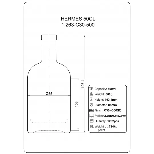 Stiklinis butelis Hermes, 0,5l, skaidrus, 1408 buteliai|Stikliniai buteliai Stiklinis butelis Hermes, 0,5l, skaidrus, 1408 buteliai|Stikliniai buteliai