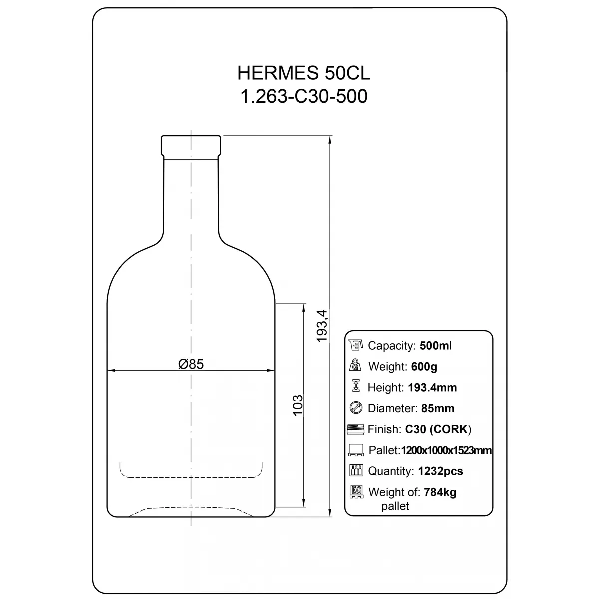 Stiklinis butelis Hermes, 0,5l, skaidrus, 1408 buteliai|Stikliniai buteliai Stiklinis butelis Hermes, 0,5l, skaidrus, 1408 buteliai|Stikliniai buteliai